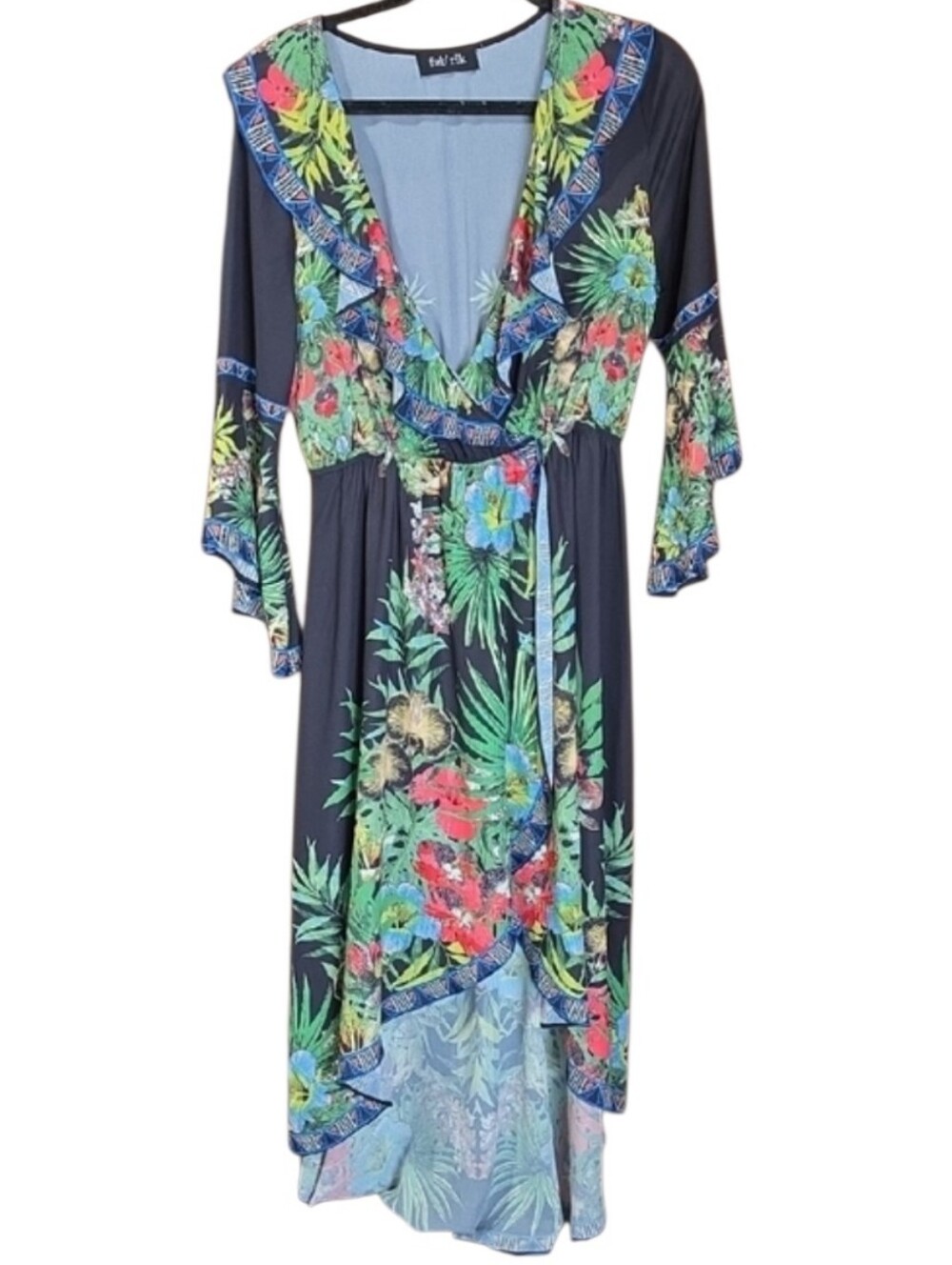 fab'rik Black Tropical Floral High-Low Maxi Dress